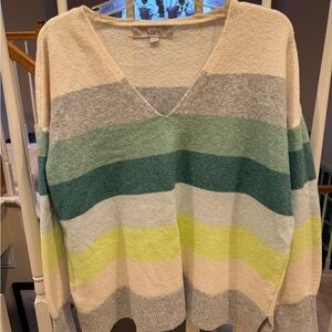 LOFT Women's V-Neck Striped Sweater - Cream, Gray, Green